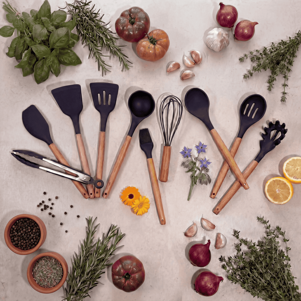 Ensemble de 10 ustensiles de cuisine – Manche bois & silicone noir