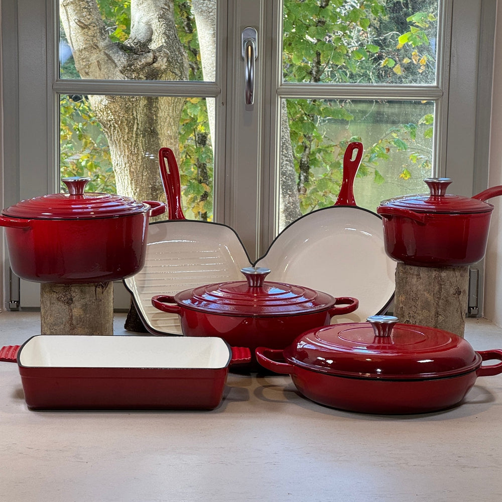 Ensemble 7 pièces en fonte émaillée rouge cerise